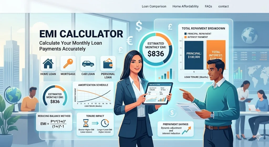 EMI Calculator: Save Thousands on Interest with Prepayment Logic (2026) 1 Infographic of an online EMI calculator showing loan categories for home, car, and personal loans with an amortization schedule and repayment breakdown.