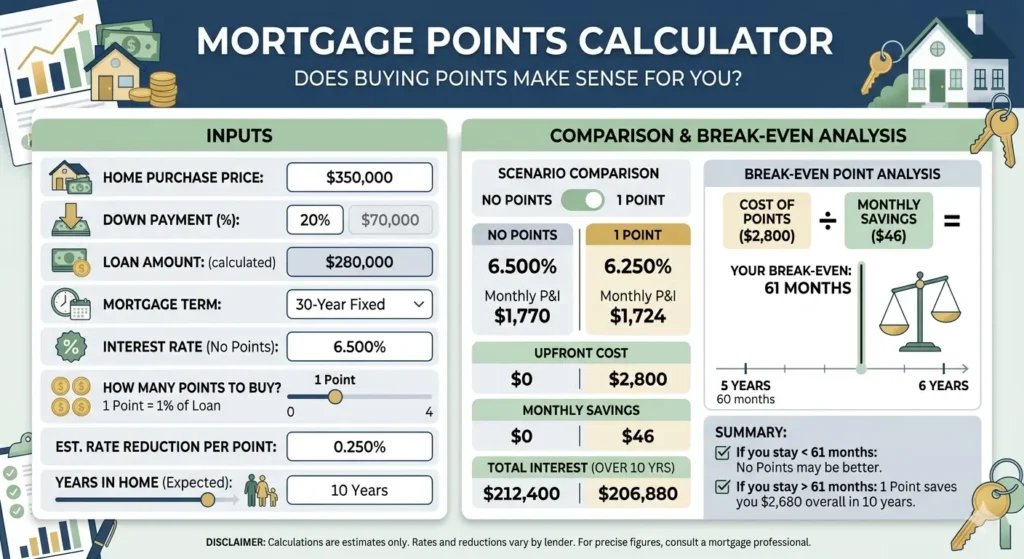 Infographic showing a mortgage points calculator interface with loan input fields and a break-even analysis chart