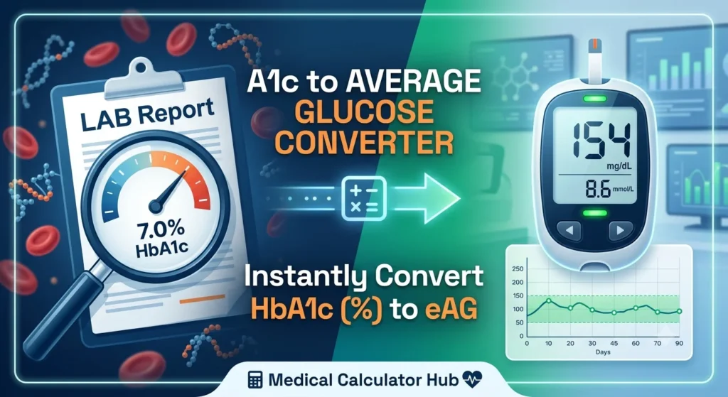Graphic showing an A1c to average glucose converter process with a medical laboratory report on a clipboard pointing to an electronic blood glucose meter displaying blood sugar measurements.