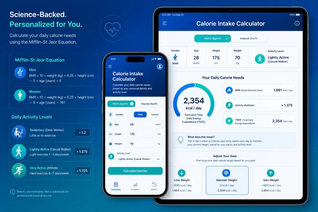 High-accuracy digital calorie intake calculator dashboard displaying BMR, TDEE, and custom measurement metrics for global users.