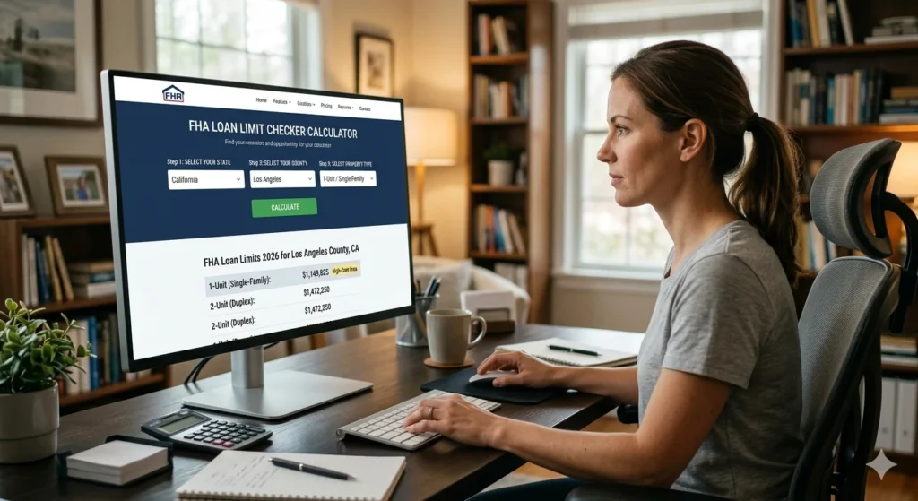 FHA Loan Limit Checker 1 A woman sitting at a home office desk looking at a computer screen displaying an online FHA Loan Limit Checker Calculator with 2026 data for Los Angeles County.