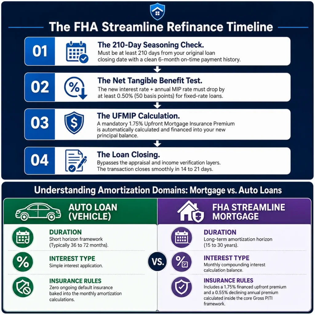 Flowchart mapping the FHA Streamline Refinance Calculator timeline and modern HUD guidelines.
