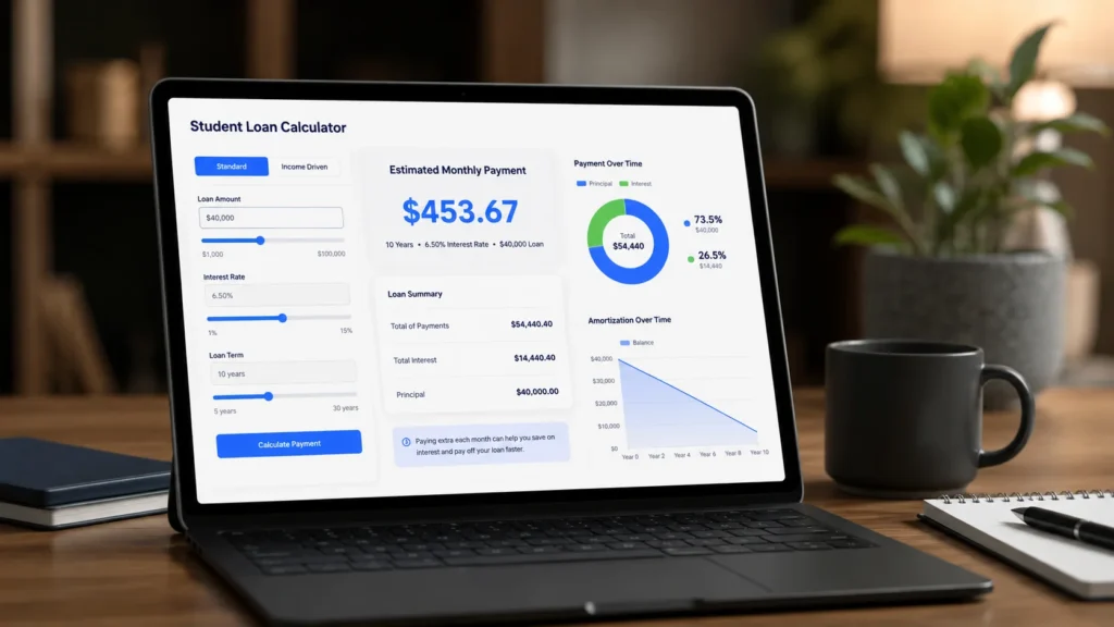 Interactive ICR calculator interface on a laptop screen tracking income contingent student loan repayment paths, 12-year standard payment structures, and federal forgiveness balances.