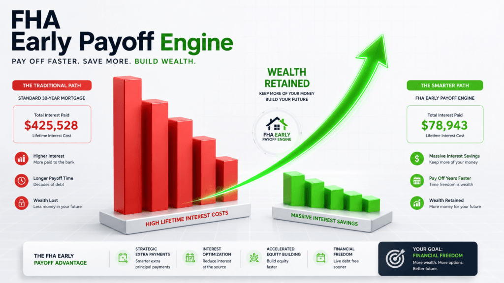 FHA Loan Amortization & Early Payoff Engine Calculator 3 Infographic displaying a standard 30-year FHA loan amortization versus an accelerated payoff strategy using extra principal payments to save over $107,000 in interest.