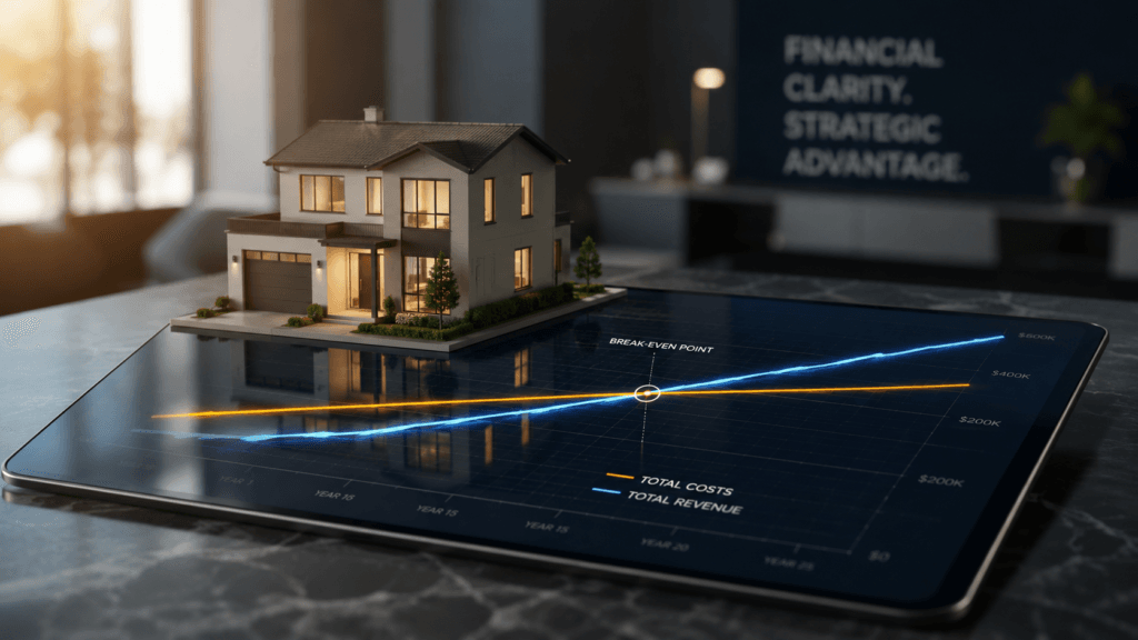 FHA Loan Amortization & Early Payoff Engine Calculator 1 FHA Loan Amortization & Early Payoff Engine a architectural model of a modern house on a digital tablet displaying a 3D line graph representing the break-even parity crossover year between FHA and conventional loans.
