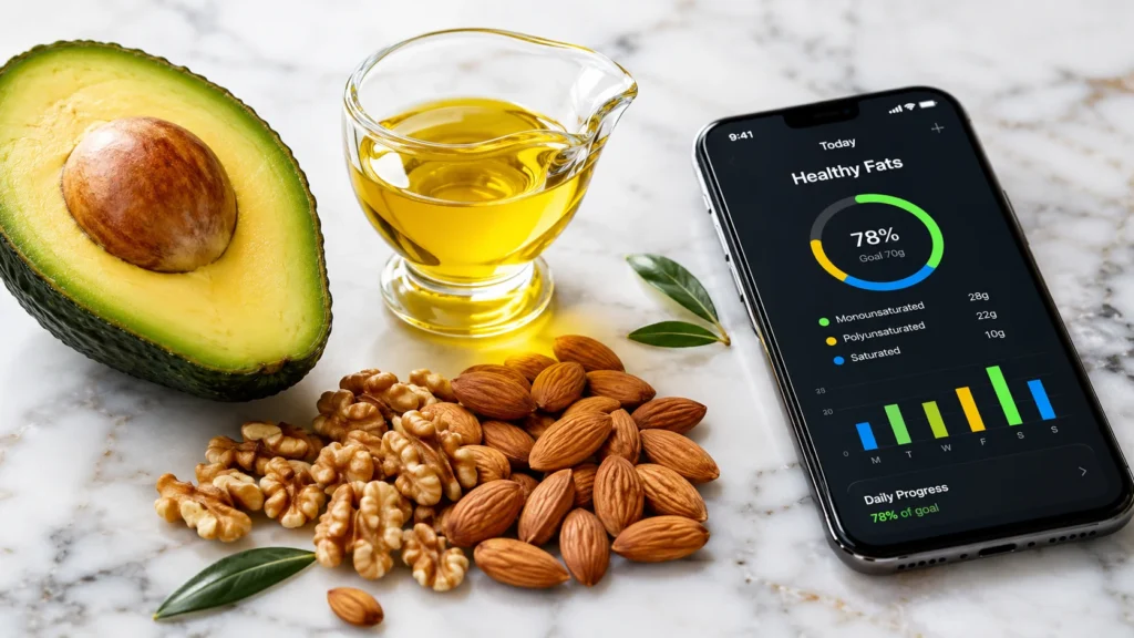 daily fat intake calculator, Top-down view of healthy fats including sliced avocado, walnuts, extra virgin olive oil, and a smartphone displaying a fitness macro tracking application.