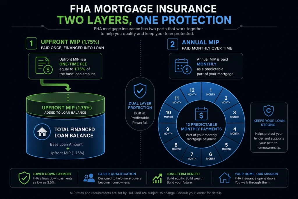 Infographic illustrating the dual-layer structure of FHA mortgage insurance, highlighting the 1.75% Upfront MIP and the monthly breakdown of FHA Mortgage Insurance (MIP) Calculator